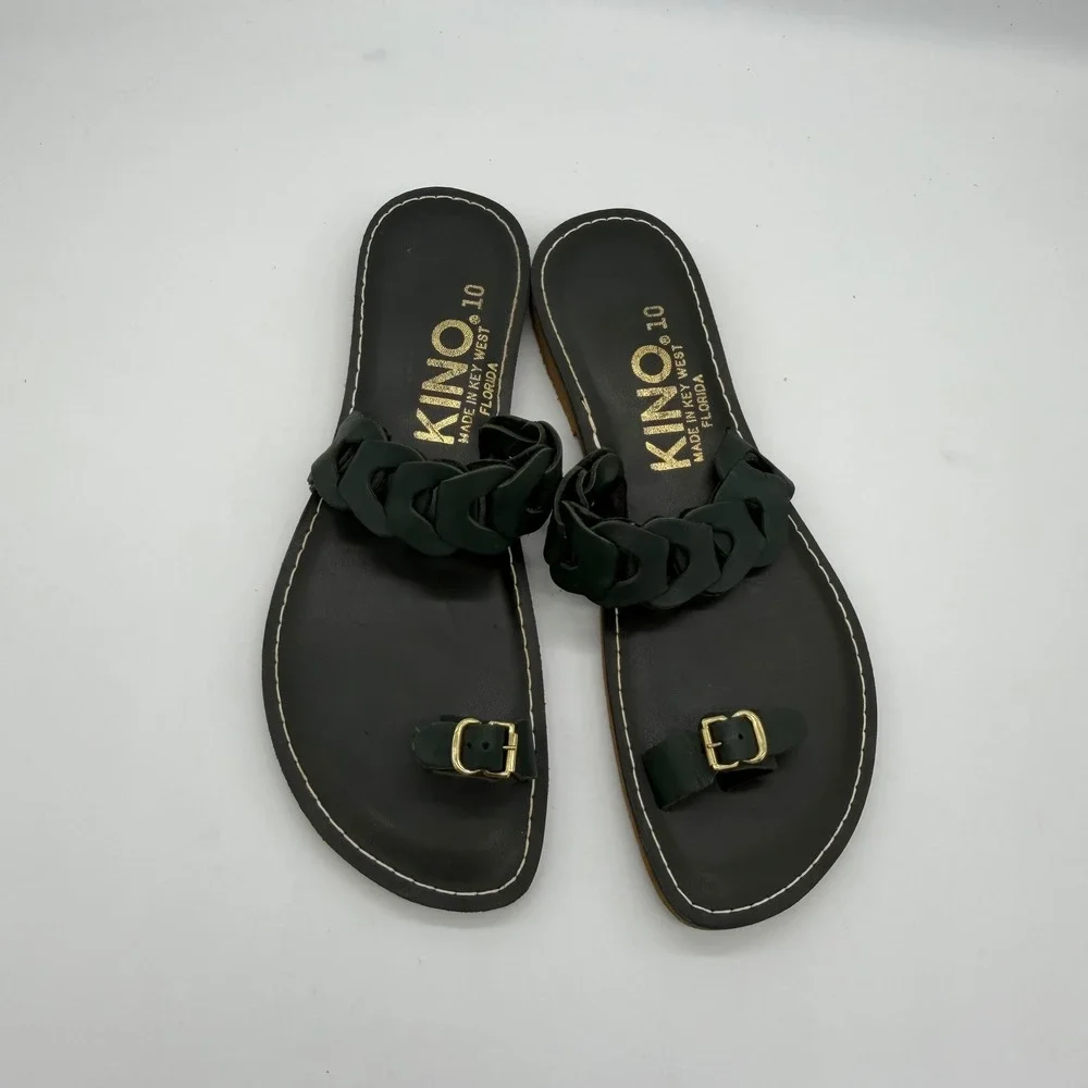Kino Sandals Key West Florida Black Leather Braided Toe Loop Slides Womens 10